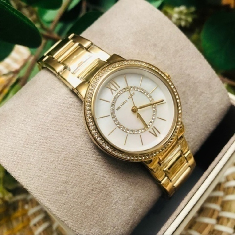 Michael Kors Gold Mother of Pearl Watch Pavé Crystal Bezel 33mm NWT
